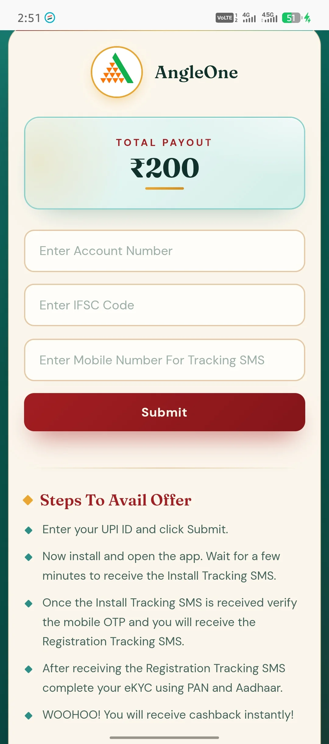 angle one Offer payment details feel screen shot